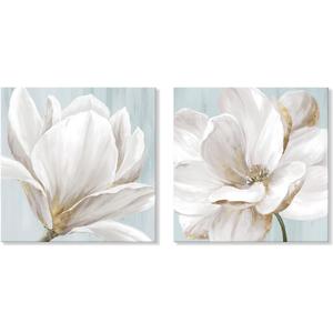 SEVEN WALL ARTS White Magnolia Wall Art Flower Artwork Floral Canvas Paintings Vintage Nature Botanical Painting Farmhouse Artwork Wall Decor for Bedroom Living Room Bathroom Office 24"x 24" x2pcs