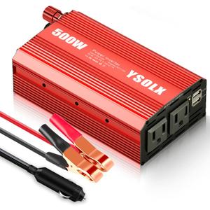 YSOLX 500W Power Inverter 12V to 110V for Vehicles with Dual Fast Charging 24W USB and 2 AC Outlets, Ideal for Road Trips, Camping, and Vehicle Power Needs