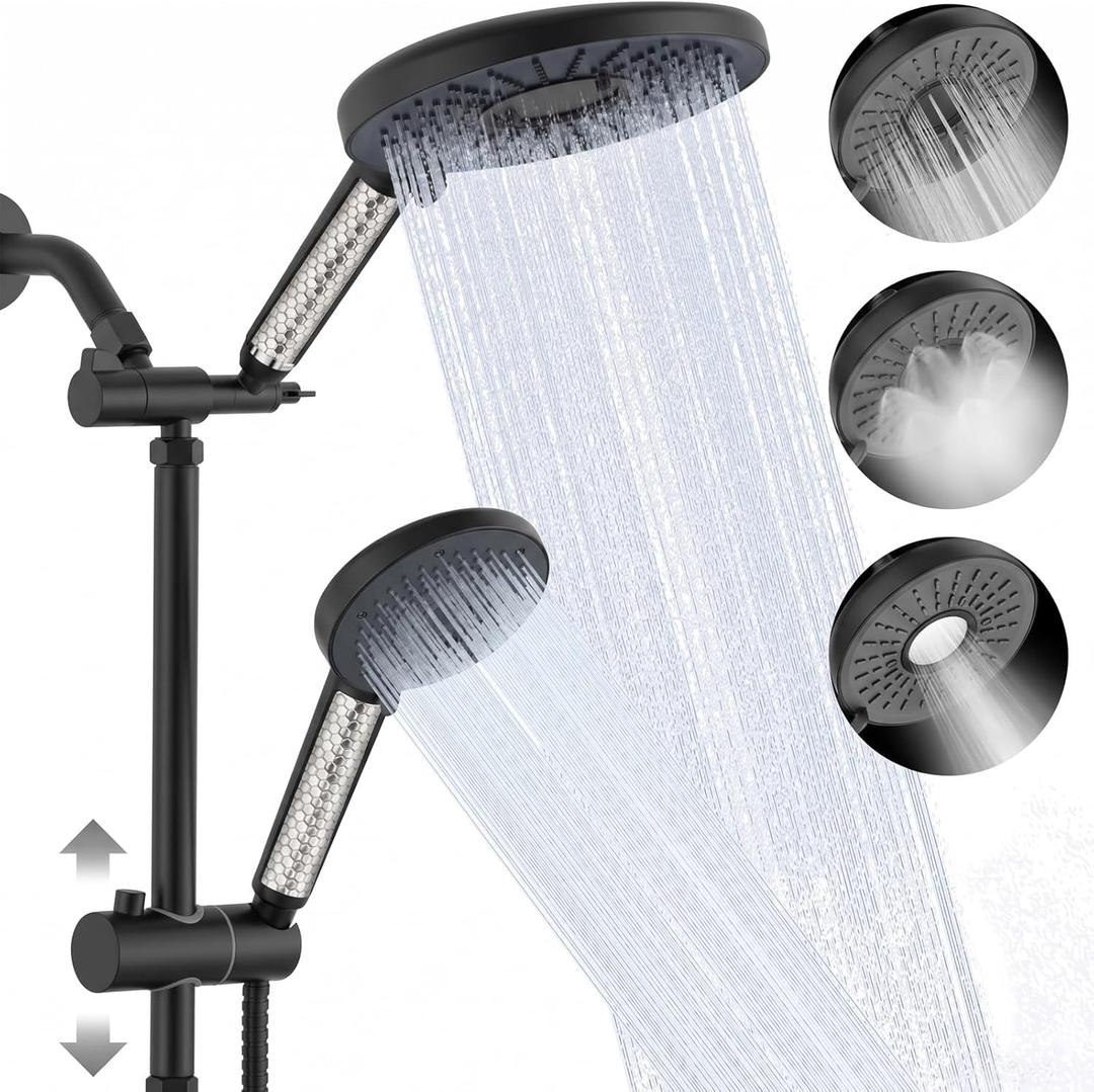 Filtered Shower Head with Handheld Shower Head High Pressure Rainfall System with Slide Bar Dual Filter Softener for Hard Water,6 Spray Modes,Adjustable Height,Black