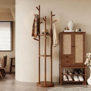 Wood Rotary Coat Rack with 3 Shelves and 9 Hooks, Freestanding Coat Rack,Coat Hanger Stand for Bedroom, Entryway, Livingroom,