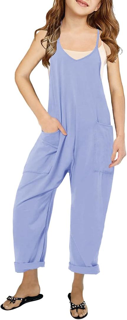 Cnkwei Girls' Casual Sleeveless Jumpsuits Spaghetti Strap Loose Romper Long Pants with Pockets Size: 5-6 Years