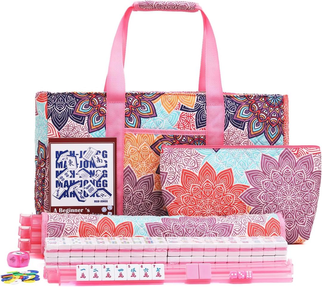 American Mahjong Tile Set with Printed Carrying Bag, 166 Premium Pink Tiles, 4 All-in-One Racks/Pushers and Accessories, Mahjong Set, Complete Mahjong Game Set for Travel,GiftsPink Flower