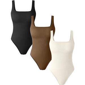 OQQ Women's 3 Piece Bodysuits Sexy Ribbed Sleeveless Square Neck Tank Tops Leotard 2025 Trendy Outfits (Black,coffee,beige, Medium)