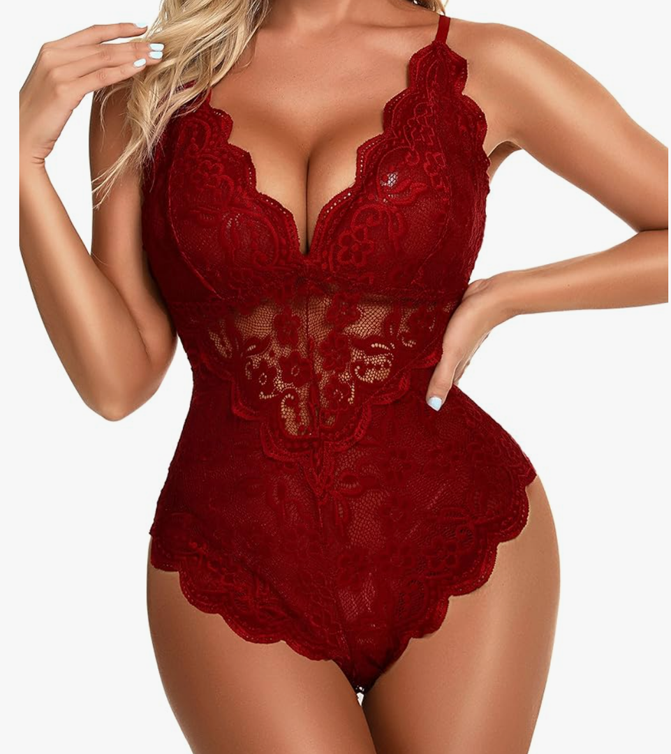 Namifin Sexy Lingerie for Women Lace Teddy Lingerie Snap Crotch Bodysuit, Color: Wine Red, Size: XL