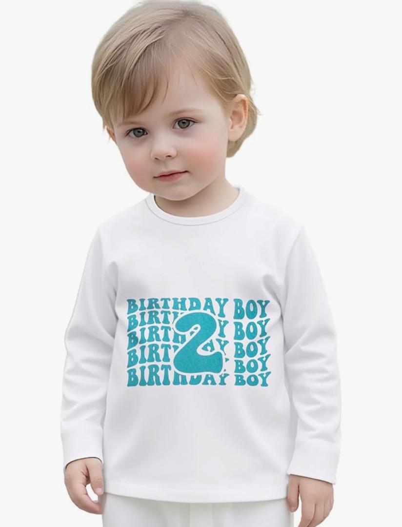 2nd Birthday Shirt Toddler Boy Two Year Old Birthday Outfit Long Sleeve Cotton T Shirt Clothes, Size 2Y