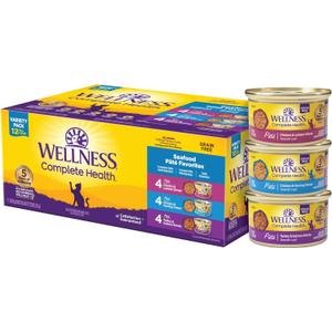 Wellness Complete Health Pate Variety Pack Adult Canned Wet Cat Food, Natural, Protein Rich, Grain Free, Seafood Favorites, 3 oz, Pack of 12 Cans