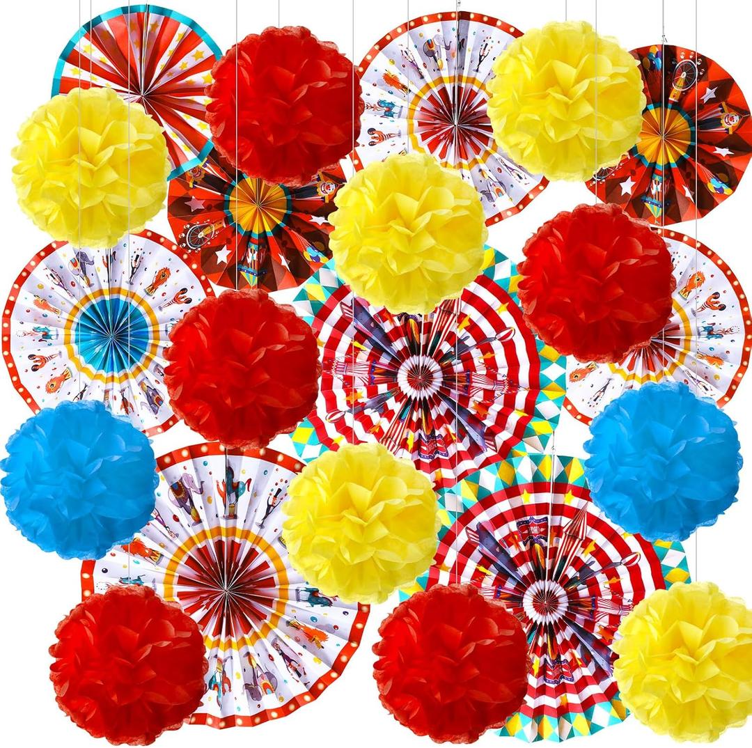 Outus 21 Pcs Carnival Party Decorations with Circus Hanging Paper Fans Red Yellow Blue Paper Pom Poms Tissue Flowers for Ceiling Wall Carnival Circus Theme Birthday Baby Shower Party Favors Supplies