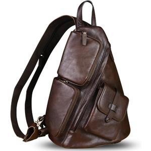 Genuine Leather Large Sling Bag for Men and Women Large Sling Backpack Purse Shoulder Crossbody Chest Bag for Ipad (Coffee)