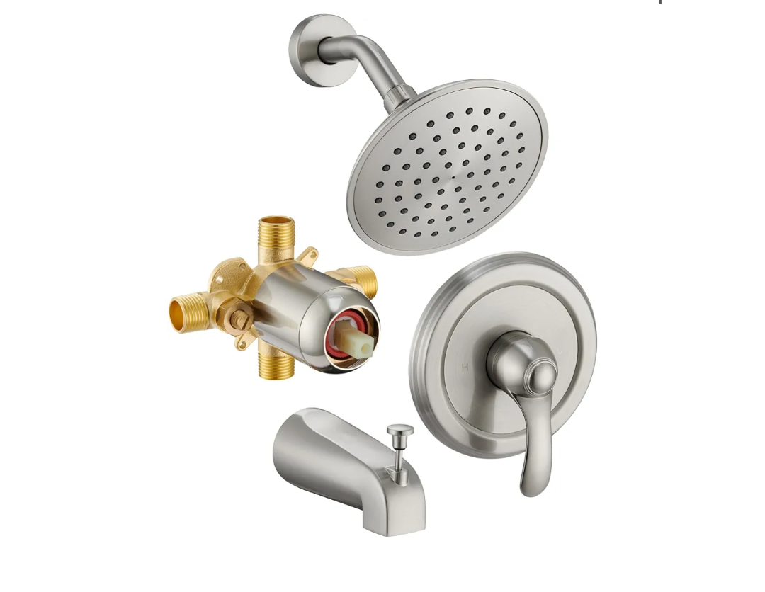 Tub Shower Faucet Set with Valve, 6-Inch Shower Head and Handle Set Brushed Nickel, Single-Handle Tub and Shower Trim Kit with Touch-Clean Rain Shower Head and Tub Spout