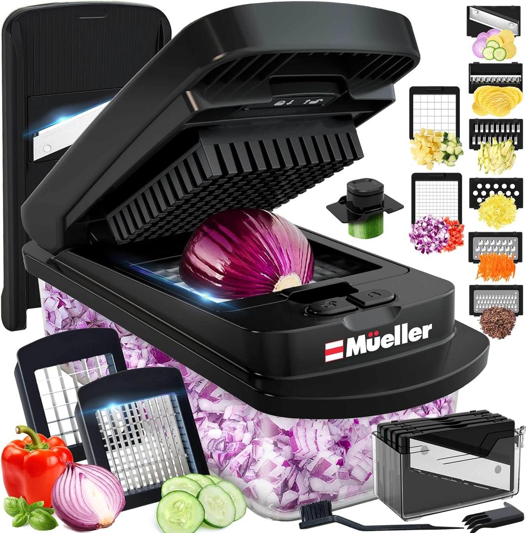 Mueller Pro-Series 10-in-1, 8 Blade Vegetable Chopper, Mandoline Slicer, Onion Mincer, Cutter, Dicer, Veggie Chopper with Container, Kitchen Essentials & Gadgets, House Warming Gifts New Home, Black (8 Blade, Black)