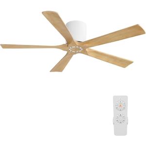 ELEHINSER 52 Inch Flush Mount Ceiling Fan without Light, Low Profile Modern Ceiling Fan with Remote, Quiet DC Motor, 6-Speed, Timer, 5 Solid Wood Blades,White+Light Wood