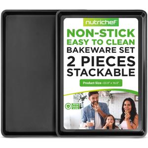 NutriChef 2-Piece XL Mega Cookie Sheet Baking Pans Set - 22" x 16" Extra Large Nonstick Carbon Steel Oven Baking Tray Pans, Stackable Bakeware, Black - NCLGBP16