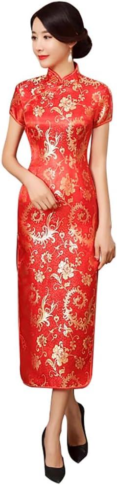 Women Cheongsam Long Dress Evening Short Sleeve Slim Fit Maxi Dress Floral Faux Silk Stand Collar Bodycon Qipao 4XL