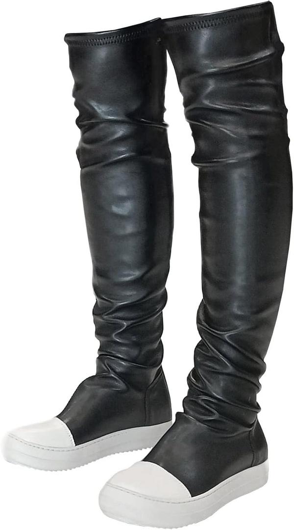 MOFEEDOUKA Thigh High Boots for Women Flat Over The Knee Round Toe Booties (9, Black)