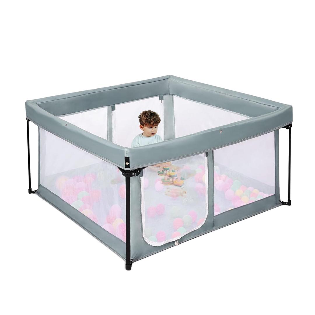 Portable Baby Playpen with Padded Floor, Foldable Play Yard for Babies and Toddlers, Indoor & Outdoor Kids Fence (Grey, 50" x 50")