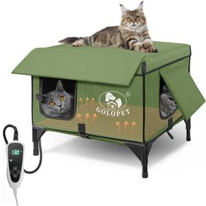 Large Heated Cat House for Outside 21x17x17 in, 100% Waterproof Elevated Base, Insulated Outdoor Cat Shelter with Heater for Feral Barn Cat, Safe Two-Way Escape Door (Green)