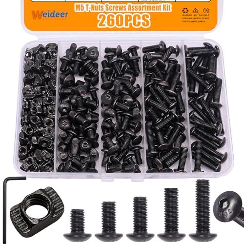 weideer 260PCS M5 T-Nuts Screws Assortment Kit,Compatible with Rail Mount,Replacement for M-Lok Nut Screw,M5 Nut and Bolt Assortment Sets for 2020 Series Standard Aluminum Profile