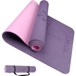 YOGATI® Yoga Mat with Strap with Alignment Lines. Home Workout Mat for Women, Men and Kids. Thick Non Slip Yoga Mat for Pilates and Fitness. Brown, Pink and Purple Yoga Mats