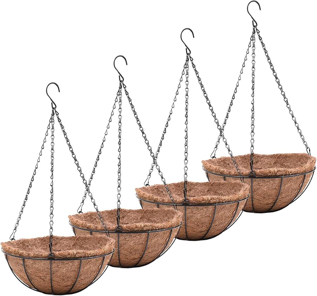 Outdoor Metal Hanging Planters Basket (4pack, 16 inch) Hanging Baskets for Plants Chain Round Wire Plant Holder with Coco Fiber Liners for Garden, Patio, Deck, Porch