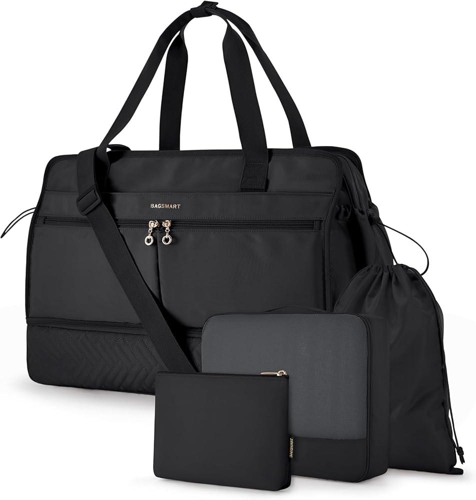 Weekender Bag for Women, BAGSMART 40L Carry on Weekend Overnight Bag, Large Travel Duffel Bag for Traveling, Gym Bag with Shoe Compartment-Black