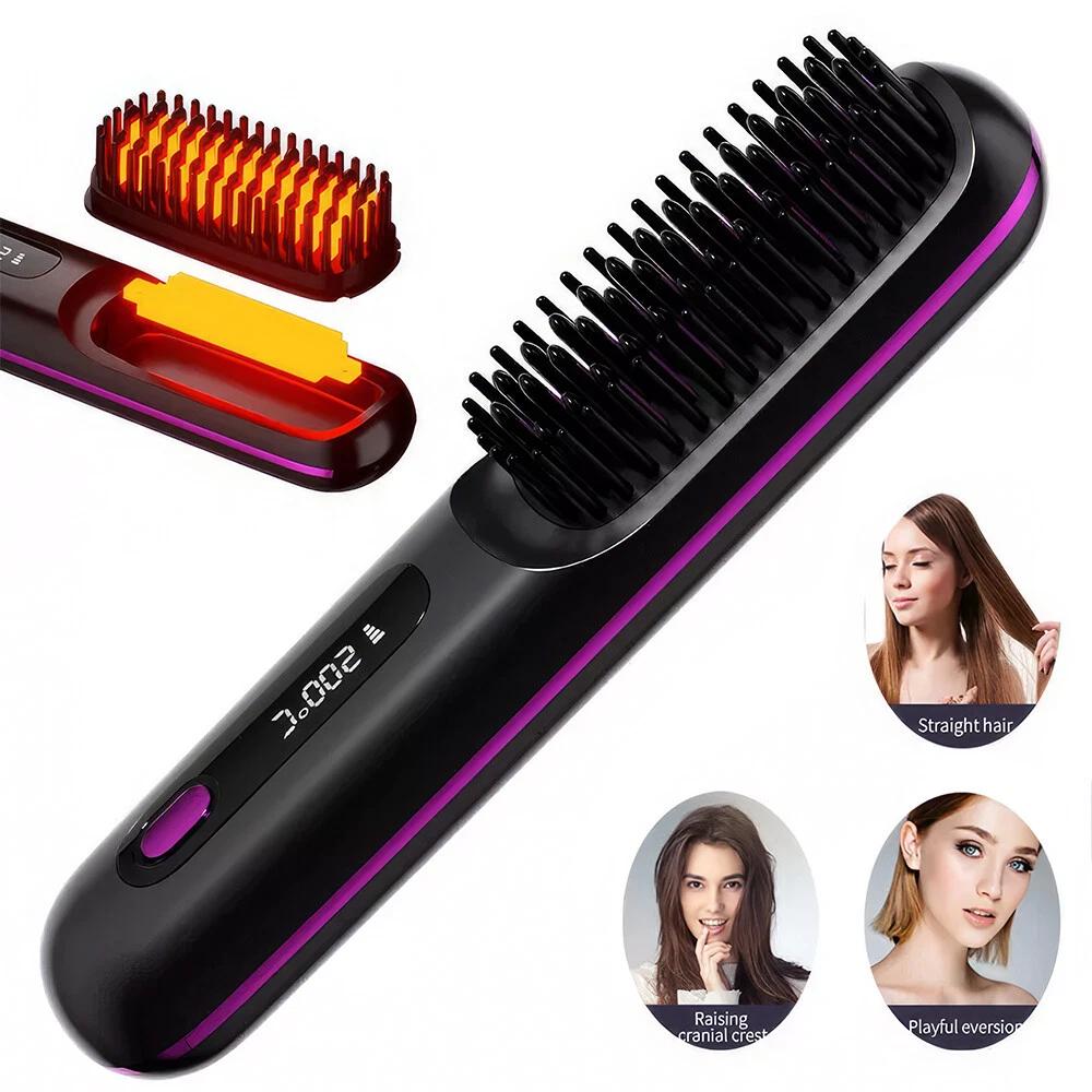 Portable Cordless Hair Straightener Brush with LED Display, Negative Ion Hot Comb, USB Rechargeable