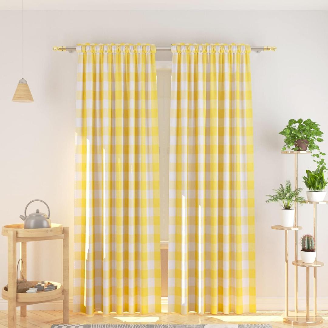 NATUS WEAVER Cotton Curtains Yellow and White Buffalo Gingham Check Curtain Panels 95 inches Long Living Room Drapes Plaid Checker Kitchen Bedroom Window Treatment Set 2 Panels Rod Pocket