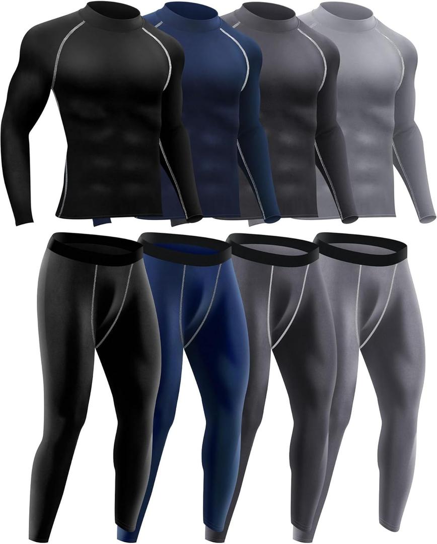 Hicarer 4/6 Set Men's Compression Shirts Pants Long Sleeve Base Layer Set Thermal Underwear for Men Running Gym Yoga Sports (XX-Large)
