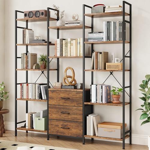 AFLUI Triple Bookshelf with 3 Fabric Drawers, 5-Tier Book Shelf and 10 Display Shelves, Industrial Large Bookcase for Home & Office, Rustic Brown, 47'' Wide