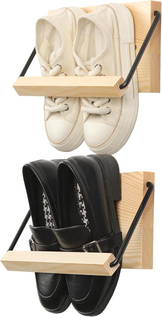 Mifoci 2 Pcs Wall Mounted Shoe Rack Organizer Wooden Modern Compact Wall Space Saving Shoe Holder Storage for Sneaker Footwear Slipper Boots Entryway Narrow Spaces Hallway(9.84'' Long)