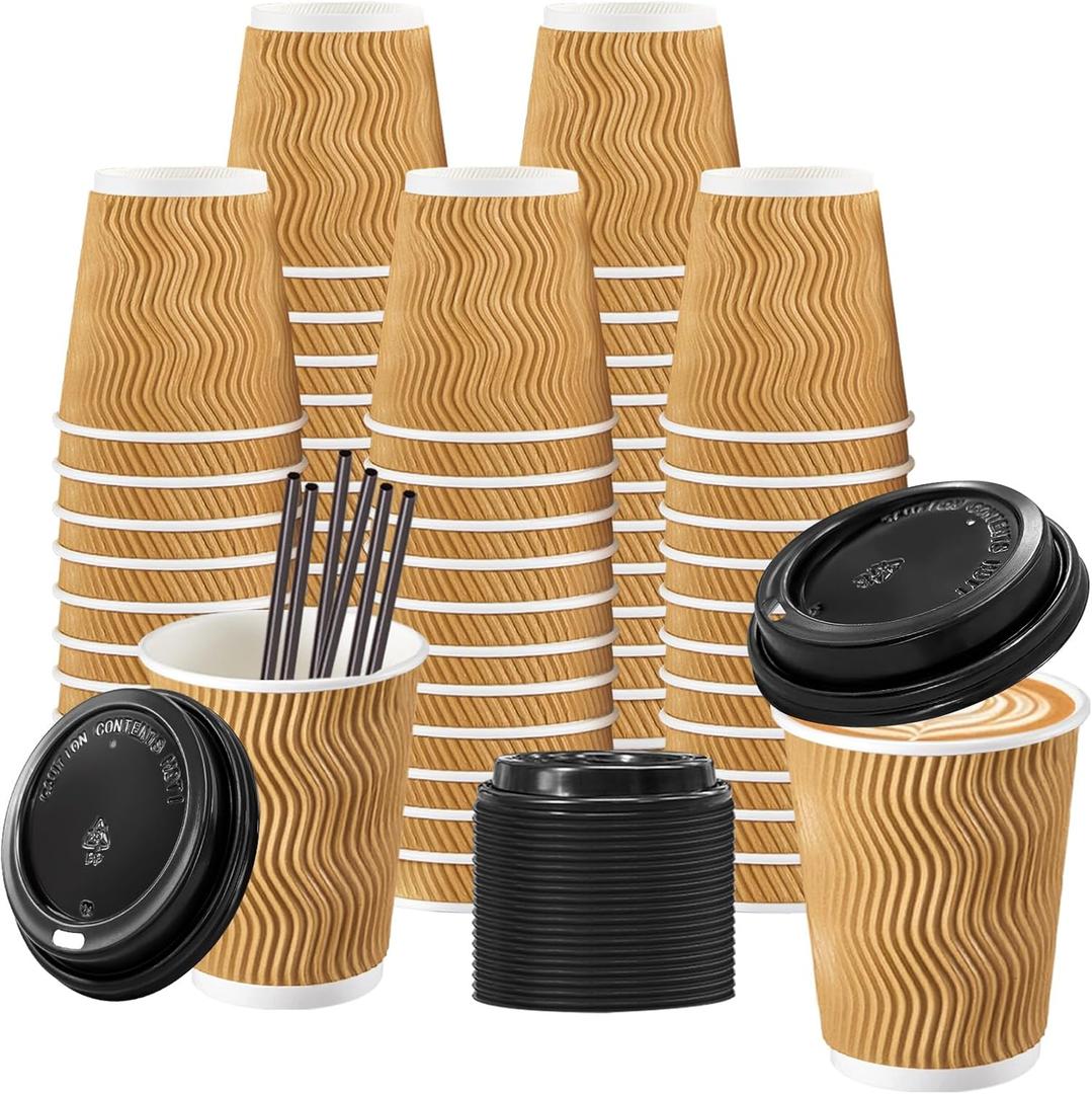 Lamosi 8 oz Disposable Coffee Cups with Lids, 50 Pack Insulated Hot Cups To Go Paper Coffee Cups with Lids and Straws, Corrugated Ripple Wall Cup for Hot Drink, Office, Coffee Bar (Champagne)