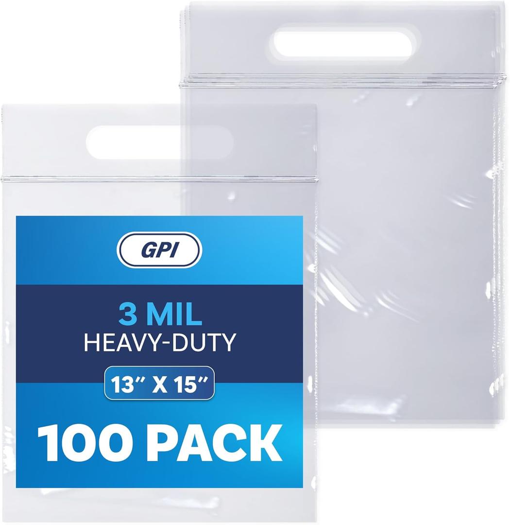Biodegradable 13" X 15" 2 Gallon Plastic Zip Bags With Die Cut Handle For Carrying, 100 Count, Heavy-Duty 3 Mil Clear Reclosable Eco-Friendly Poly Baggies, Zip Top Lock for Food Storage & Clothing