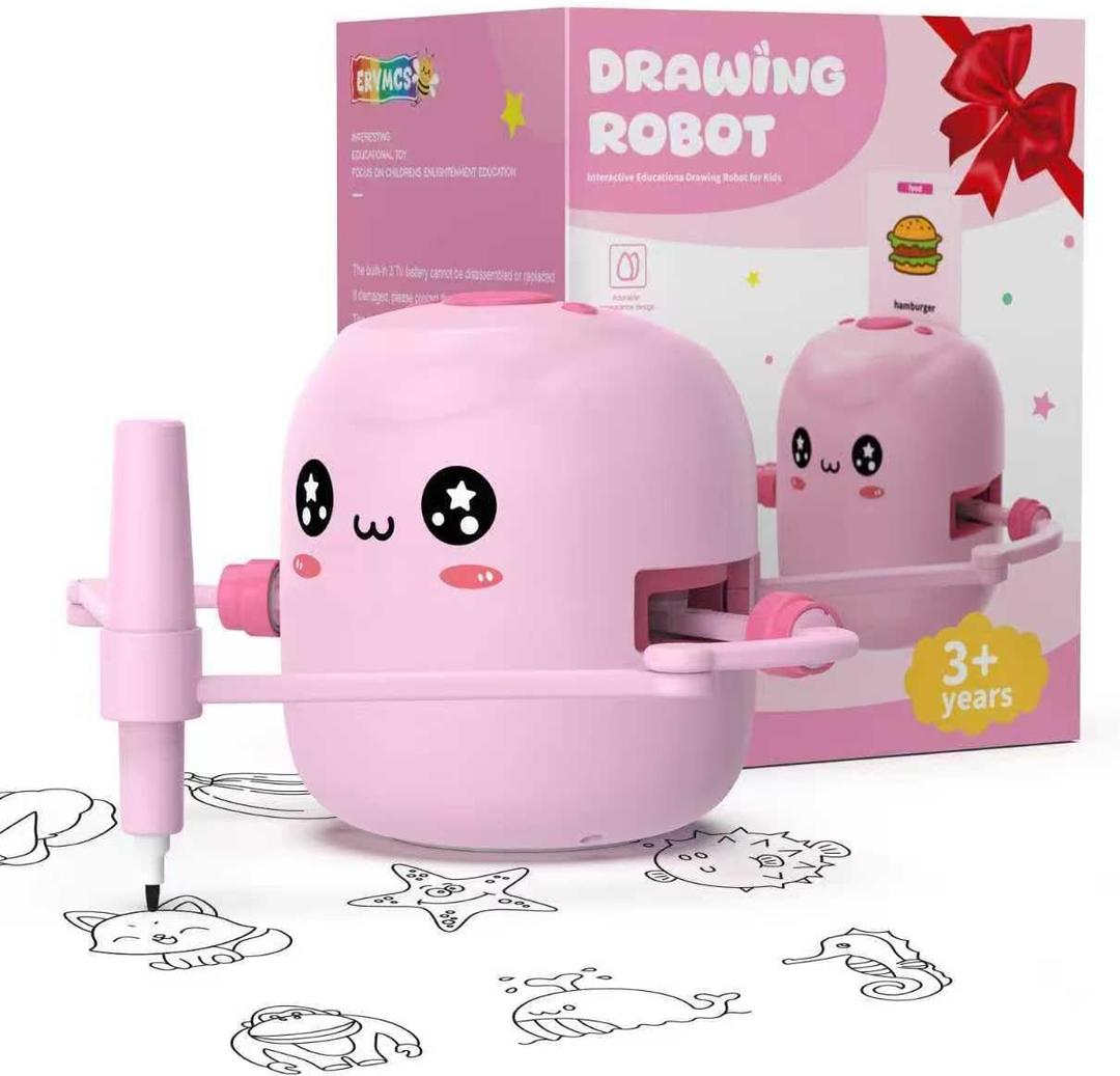 Drawing Robot for Kids, Interactive Educational Drawing Robot with Voice Interaction, Montessori Drawing Learning Toy with 150 Word Cards & 16 Color Pens, Christmas Birthday Present for Kids 5-9 (Pink)