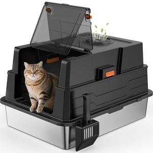 Extra Large Enclosed Stainless Steel Cat Litter Box with Lid - XXXL Giant Metal Enclosed High Sides Litter Boxes for Multi-Cat Households and Overweight Cats - Black