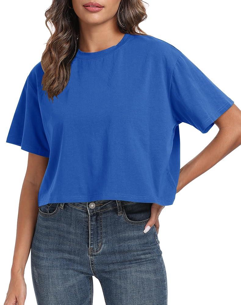 Women's Oversized Workout Cropped T Shirts Crew Neck Short Sleeve Casual Loose Summer Crop Tee Tops Cotton M