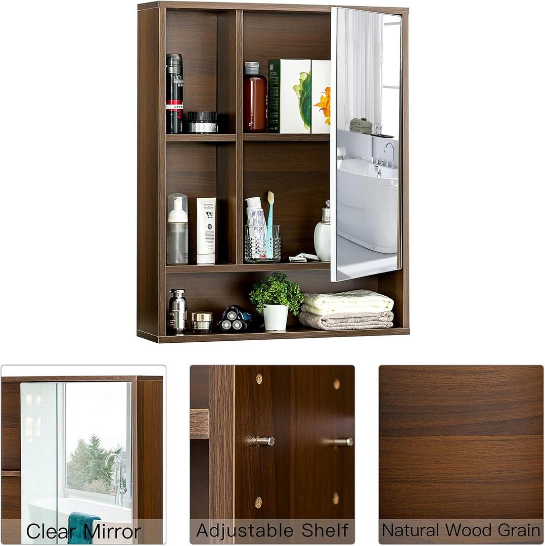 ChooChoo Bathroom Wall Mirror Cabinet, Medicine Cabinet with Single Door and Adjustable Shelf, Over The Toilet Space Saver Storage Cabinet, Walnut (6.3"D x 21.6"W x 24.0"H)