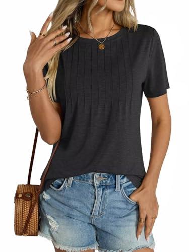 Micticsi Womens Short Sleeve T Shirts Pleated Dressy Casual Crewneck Loose Fit Tee Trendy Summer Tops Blouses 2025 Black, Size M, Black