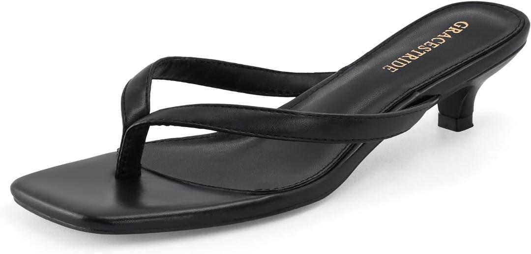 Womens Flip-Flops Kitten Heels Thong Sandals For Women Square Toe Slip On Fashion Summer Dress Sandals (9, Black)