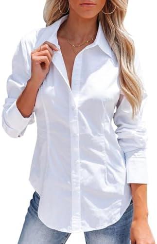 siliteelon Women's Button Down Shirts Long Sleeve Dress Shirts Wrinkle Free Collared Work Office Solid Blouses Corset Tops Size L