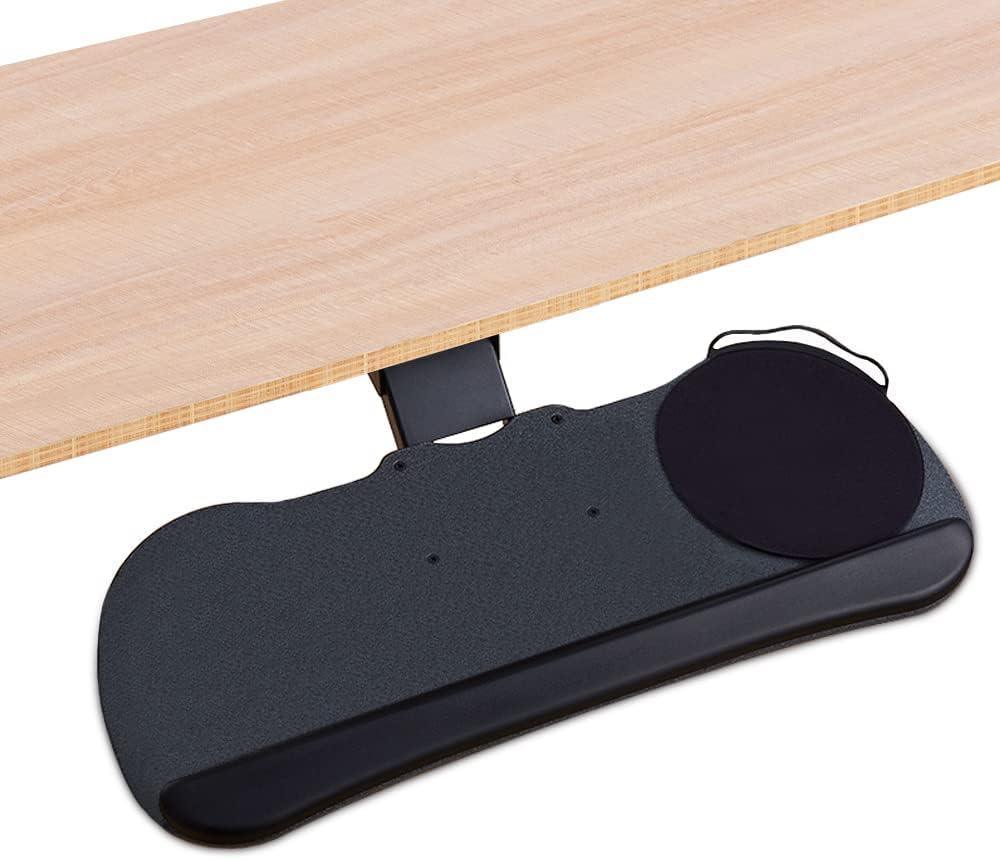 Under Desk Keyboard Tray, 27" x 11" Tray, 17.75" Track, One Knob Control, Undermount Sliding Computer Keyboard with Wrist Rest, Adjustable Height and 15 Tilt