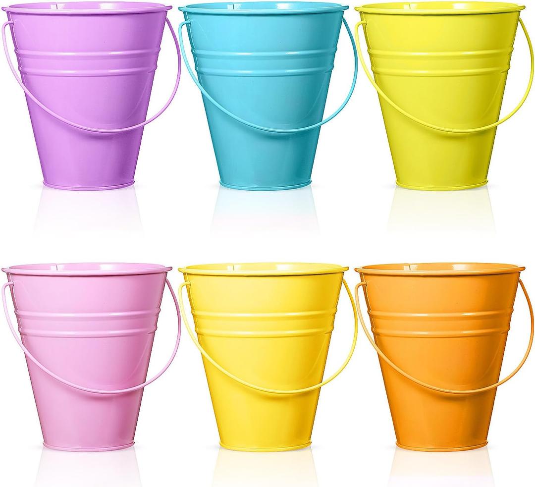 Sadnyy 6 Pack Pastel Small Metal GalvanizedBucket with Handle 5" Easter Mini Metal Buckets and Pails Easter Party Candy Container Table Centerpiece for Vase(Green Yellow Orange Blue Purple Pink)