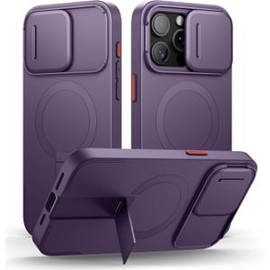 SURITCH for iPhone 15 Pro Max Case with Magnetic Camera Slide Cover and Adjustable Kickstand, Compatible with MagSafe, Shockproof Bumper Case Slim Protective Cover 6.7 Inch, Dark Purple