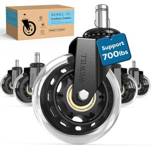 WEWILL Office Chair Wheels - Rubber Casters Replacement Universal Fit 98% Chair(Set of 5) Heavy Duty 3 Inch Smoothly & Quietly Safe for All Floor, Hardwood, Tile, Carpet, Noise Free - Clear