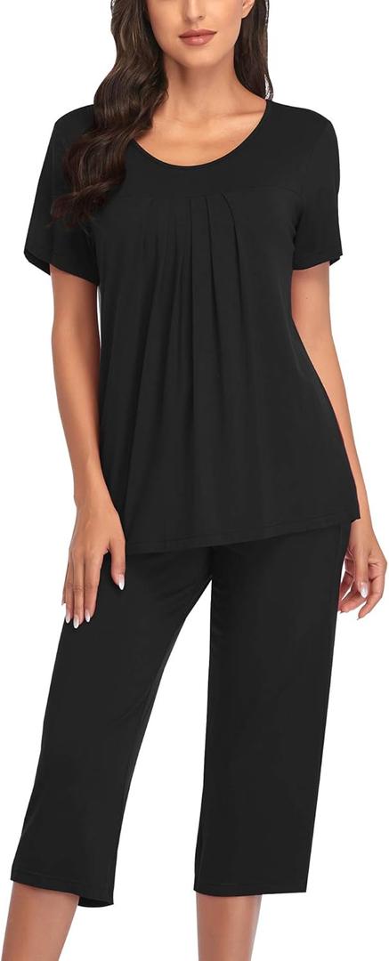 COLORFULLEAF Women's Pajama Sets Summer Pjs Lounge Sets for Women Soft Sleepwear Top and Capri Pants with Pockets (Black, XL)