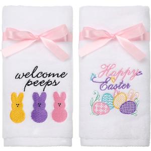 Easter Hand Towels 100% Cotton Embroidered Happy Easter Bunny Decorative Bathroom Kitchen Dish Towels Set Gift Set of 2 14x29inch
