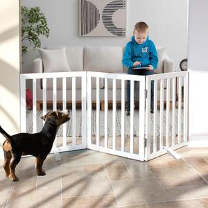 Dog Gate Indoor, Freestanding Dog Fence for The House, Doorways, Hallways,or Stairs,Pet Gate Foldable Wooden,Expandable 24" Height 3 Panels,White