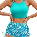 Herseas Women's Floral Print Drawstring Boyshorts Swimsuits Criss Cross Top Bikini Sets High Waisted Two Pieces Bathing Suits (Green, L)