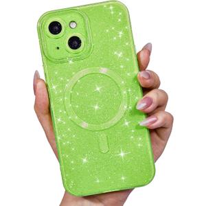 LoeoeL for iPhone 15 Plus Case Glitter Compatible with Magsafe, Girly Cute Sparkly Magnetic Mag Safe Pretty Phone Case for Women, Bedazzled Bling Sparkle Slim Bright Silicone Rubber Jelly, Neon Green