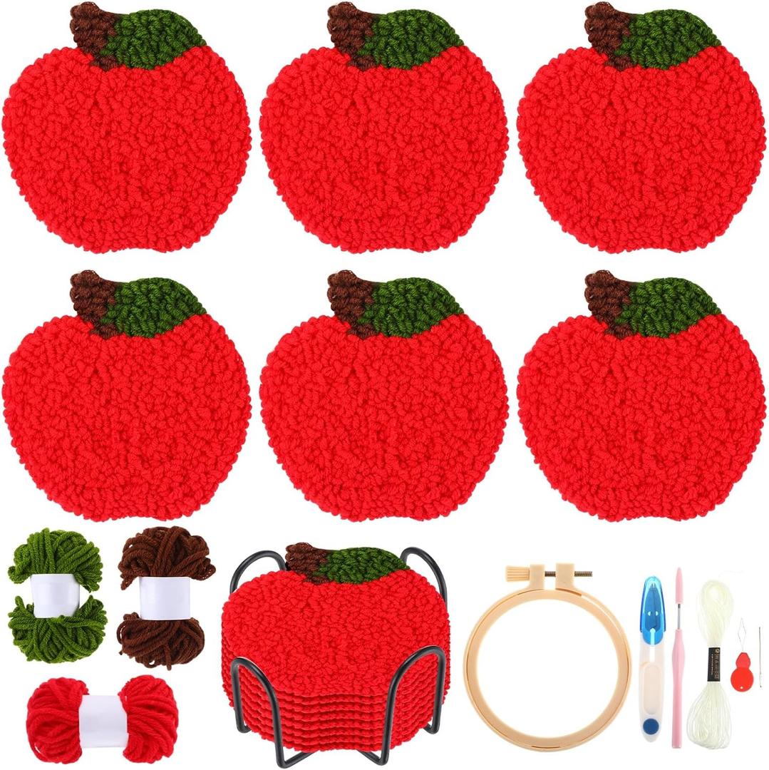 Hahafelt 6 Pcs Punch Needle Coaster Kit for Beginners Apple Patterns Teacher Appreciation Gift Embroidery Craft Supplies with Yarns Tool Adhesive Felt Embroidery Hoop Instruction Holder for DIY Craft