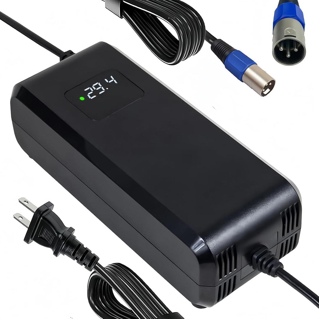 24V(Max 29.4V) 5A Lithium Battery Charger for 24V Lithium Packs 3-Pin Male XLR Connector, HD Screen Display Real-time Charging Voltage, Built-in Cooling Fan