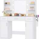 DUMOS Vanity Desk Makeup with Mirror LED Lights, White Table with Power Outlet 3 Drawer, 4 Storage Shelves & 2 Cabinets, 3 Lighting Modes & Adjustable Brightness, Dressing Tables for Bedroom